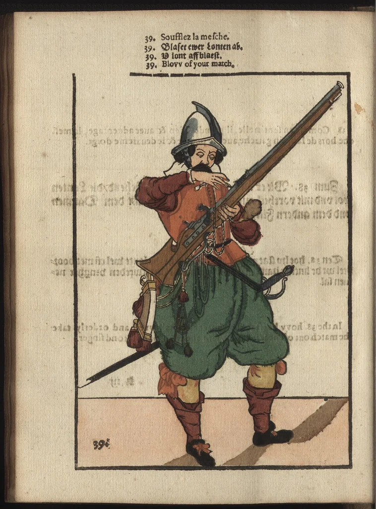 An illustration from Maniement d'armes, d'arqvebvses, mousqvets, & picques : selon l'ordre de monseig. le Prince Maurice ..., 1619, leaf 89