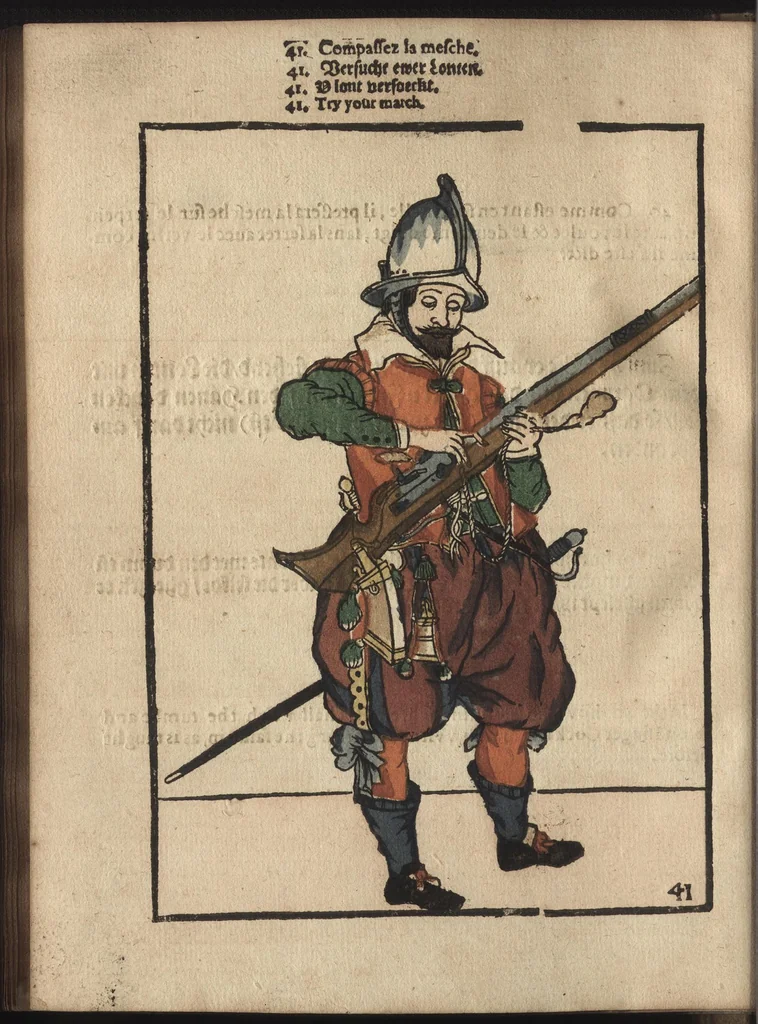 An illustration from Maniement d'armes, d'arqvebvses, mousqvets, & picques : selon l'ordre de monseig. le Prince Maurice ..., 1619, leaf 93