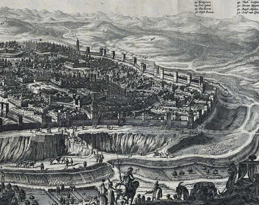 An illustration from Naukeurige beschryving van gantsch Syrie, en Palestyn of Heilige Lant... Verrijkt met lantkaerten en afbeeldingen... in koper gesneden, 1677, leaf 682