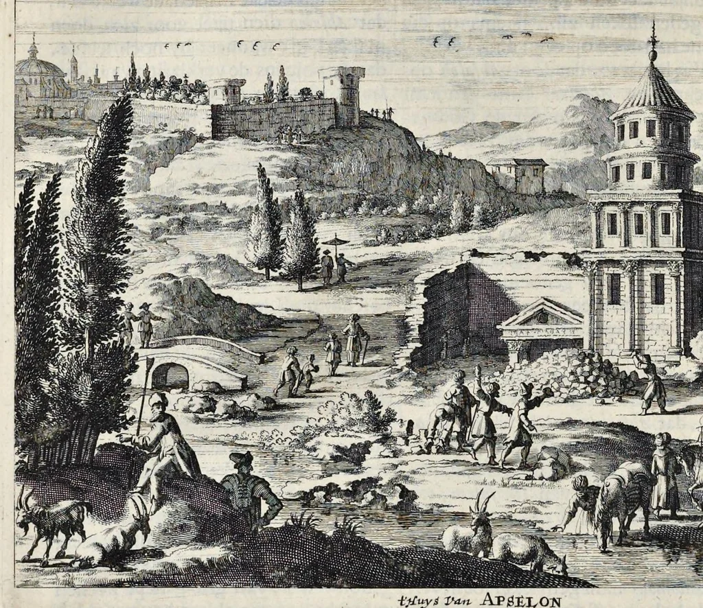 An illustration from Naukeurige beschryving van gantsch Syrie, en Palestyn of Heilige Lant... Verrijkt met lantkaerten en afbeeldingen... in koper gesneden, 1677, leaf 939