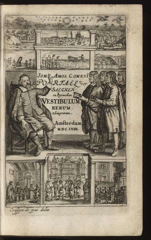 An illustration from Eerste deel der school-geleertheyd, genoemt Het portael : inhoudende de grondtveste der dingen, en onser wijsheyd omtrent de dingen, als mede der latijnschen tael met de moeder-tael ... = Joh. Amos ComenI prima pars Scholasticae eruditionis, dicta vestibulum : continens fundamenta rerum, & nostrae sapientiae circa res, ut & latinae linguae cum vernacula, 1658, leaf 4