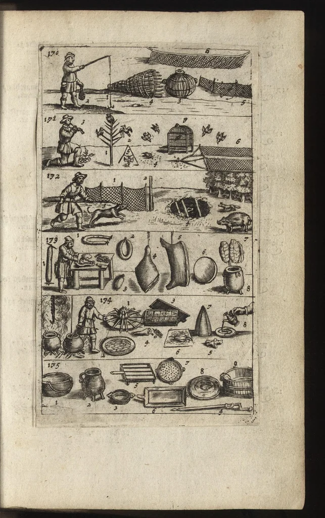 An illustration from Eerste deel der school-geleertheyd, genoemt Het portael : inhoudende de grondtveste der dingen, en onser wijsheyd omtrent de dingen, als mede der latijnschen tael met de moeder-tael ... = Joh. Amos ComenI prima pars Scholasticae eruditionis, dicta vestibulum : continens fundamenta rerum, & nostrae sapientiae circa res, ut & latinae linguae cum vernacula, 1658, leaf 62