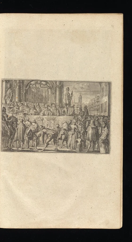 An illustration from Allgemeine Schau-Bühne der Welt, oder, Beschreibung der vornehmsten Welt-Geschichte : so sich vom Anfang dieses Siebenzehenden Jahr-Hunderts biss zum Ende desselben, in allen Theilen des Erd-Kreisses, zumahlen in der Christenheit, sonderlich in unserm Vatterland dem Römischen Reiche, nach und nach begeben : aus beglaubten Geschicht-Schreibern und bewahrten Uhrkunden treulich zusammen getragen, auch zu dess Lesers besserm Unterricht mit verschiedenen politischen Anmerckungen erläutert : ingleichem mit vielen schönen Kupffer-Figuren, auch grosser Potentaten und Herren Bildnüssen gezieret : nicht weniger mit gnugsamen Summarien, Marginalien, und einem vollständigen Register versehen, 1699, leaf 34