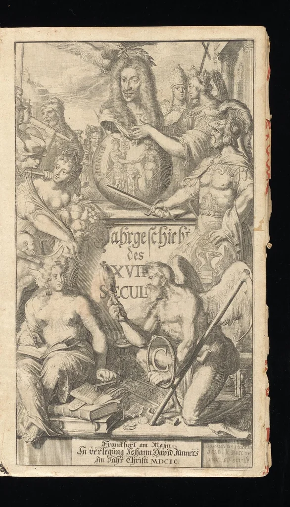 An illustration from Allgemeine Schau-Bühne der Welt, oder, Beschreibung der vornehmsten Welt-Geschichte : so sich vom Anfang dieses Siebenzehenden Jahr-Hunderts biss zum Ende desselben, in allen Theilen des Erd-Kreisses, zumahlen in der Christenheit, sonderlich in unserm Vatterland dem Römischen Reiche, nach und nach begeben : aus beglaubten Geschicht-Schreibern und bewahrten Uhrkunden treulich zusammen getragen, auch zu dess Lesers besserm Unterricht mit verschiedenen politischen Anmerckungen erläutert : ingleichem mit vielen schönen Kupffer-Figuren, auch grosser Potentaten und Herren Bildnüssen gezieret : nicht weniger mit gnugsamen Summarien, Marginalien, und einem vollständigen Register versehen, 1699, leaf 4