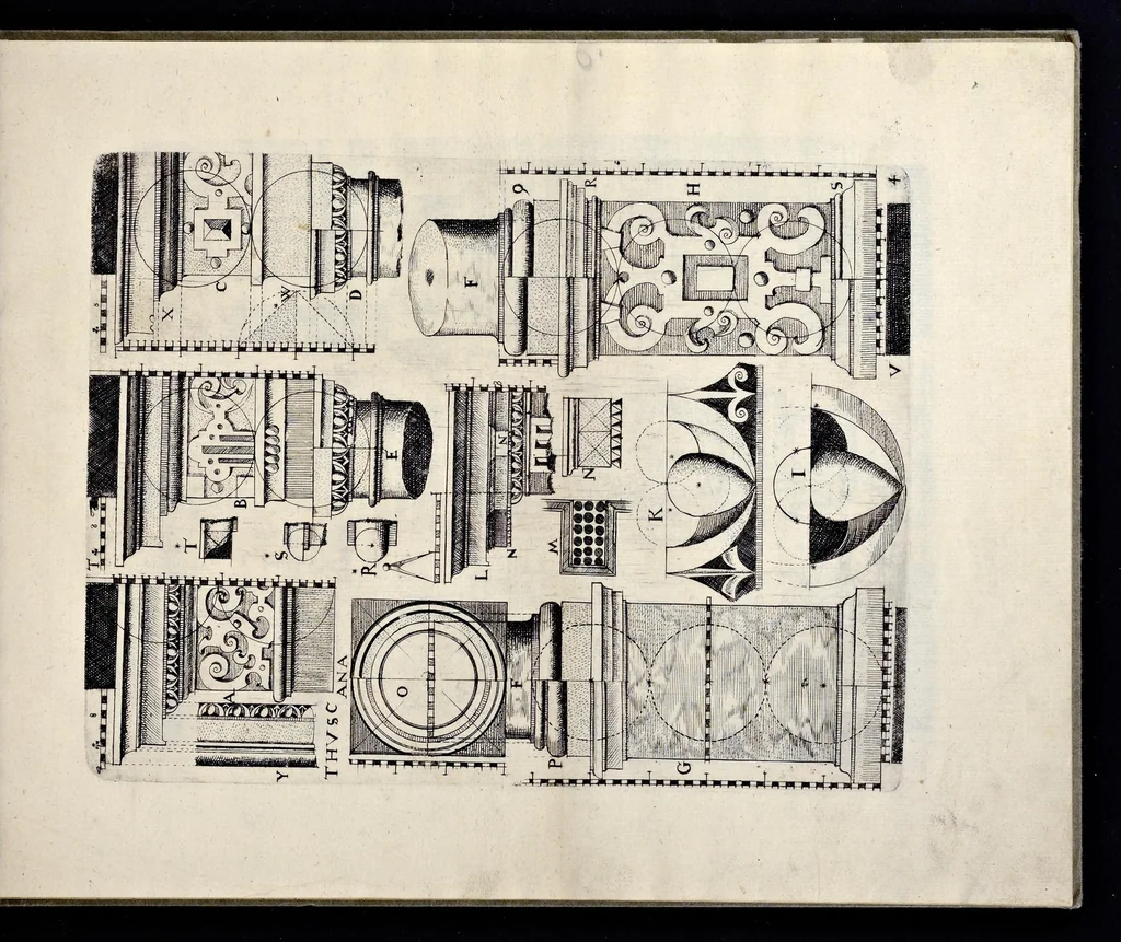 An illustration from Architectur, nach antiquitetischer Lehr vnd geometrischer Ausstheilung, allen kunstreichen Handtwerckeren, Werckmeisteren, Goldtschmieden, Bildthäweren, Schreyneren, Steinmetzeren, Mähleren [et]c. vnd fort allen denen so sich des Circkels vnd Richtscheydts gebrauchen zu Nutz vnd Gefallen ins Kupffer geschnitten vnd an Tag geben, 1659, leaf 12