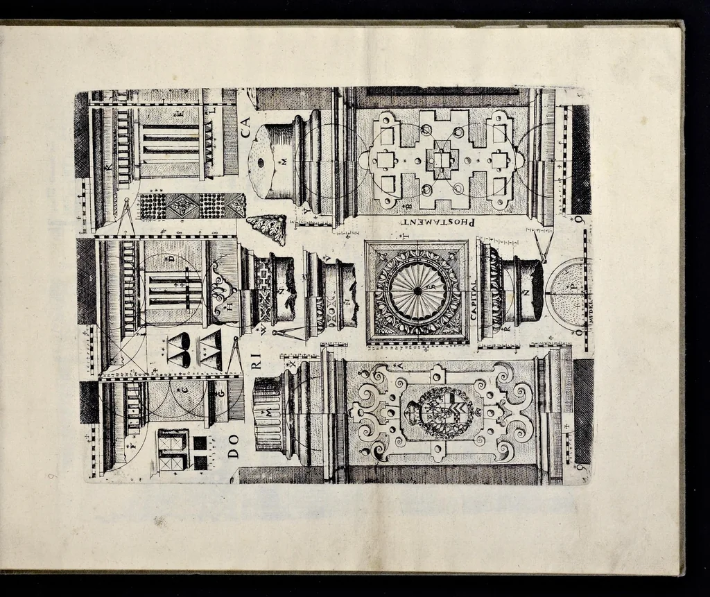 An illustration from Architectur, nach antiquitetischer Lehr vnd geometrischer Ausstheilung, allen kunstreichen Handtwerckeren, Werckmeisteren, Goldtschmieden, Bildthäweren, Schreyneren, Steinmetzeren, Mähleren [et]c. vnd fort allen denen so sich des Circkels vnd Richtscheydts gebrauchen zu Nutz vnd Gefallen ins Kupffer geschnitten vnd an Tag geben, 1659, leaf 14