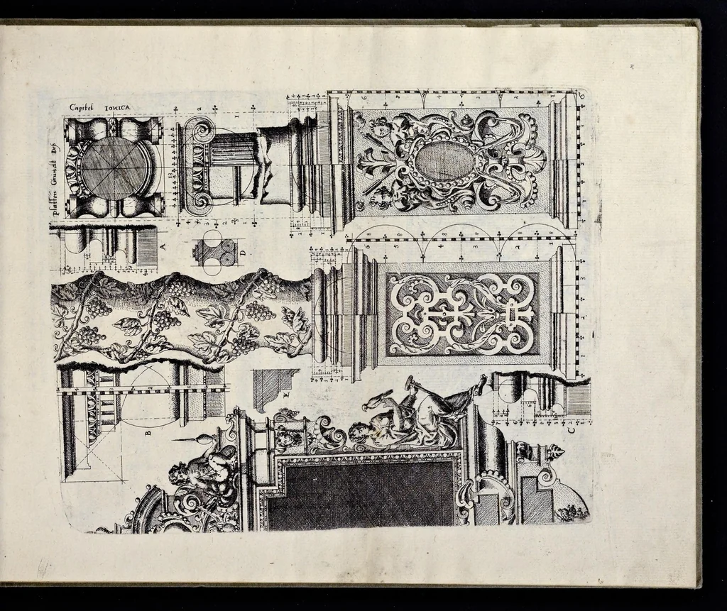 An illustration from Architectur, nach antiquitetischer Lehr vnd geometrischer Ausstheilung, allen kunstreichen Handtwerckeren, Werckmeisteren, Goldtschmieden, Bildthäweren, Schreyneren, Steinmetzeren, Mähleren [et]c. vnd fort allen denen so sich des Circkels vnd Richtscheydts gebrauchen zu Nutz vnd Gefallen ins Kupffer geschnitten vnd an Tag geben, 1659, leaf 16
