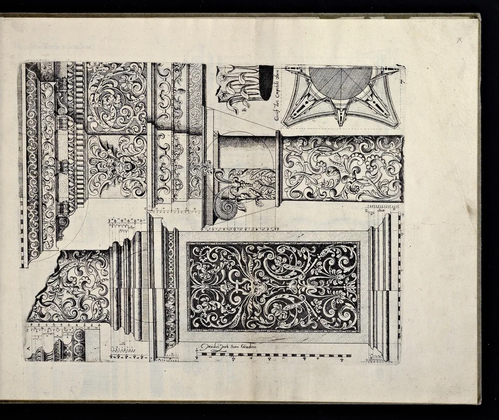 An illustration from Architectur, nach antiquitetischer Lehr vnd geometrischer Ausstheilung, allen kunstreichen Handtwerckeren, Werckmeisteren, Goldtschmieden, Bildthäweren, Schreyneren, Steinmetzeren, Mähleren [et]c. vnd fort allen denen so sich des Circkels vnd Richtscheydts gebrauchen zu Nutz vnd Gefallen ins Kupffer geschnitten vnd an Tag geben, 1659, leaf 18