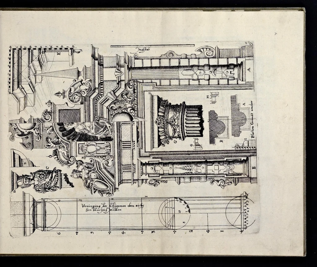 An illustration from Architectur, nach antiquitetischer Lehr vnd geometrischer Ausstheilung, allen kunstreichen Handtwerckeren, Werckmeisteren, Goldtschmieden, Bildthäweren, Schreyneren, Steinmetzeren, Mähleren [et]c. vnd fort allen denen so sich des Circkels vnd Richtscheydts gebrauchen zu Nutz vnd Gefallen ins Kupffer geschnitten vnd an Tag geben, 1659, leaf 22