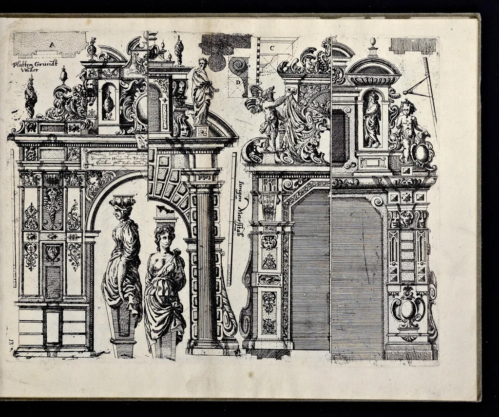 An illustration from Architectur, nach antiquitetischer Lehr vnd geometrischer Ausstheilung, allen kunstreichen Handtwerckeren, Werckmeisteren, Goldtschmieden, Bildthäweren, Schreyneren, Steinmetzeren, Mähleren [et]c. vnd fort allen denen so sich des Circkels vnd Richtscheydts gebrauchen zu Nutz vnd Gefallen ins Kupffer geschnitten vnd an Tag geben, 1659, leaf 30