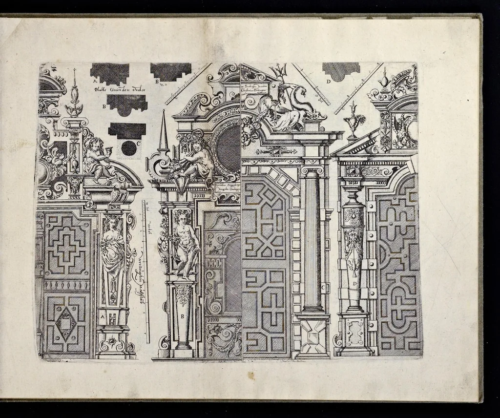 An illustration from Architectur, nach antiquitetischer Lehr vnd geometrischer Ausstheilung, allen kunstreichen Handtwerckeren, Werckmeisteren, Goldtschmieden, Bildthäweren, Schreyneren, Steinmetzeren, Mähleren [et]c. vnd fort allen denen so sich des Circkels vnd Richtscheydts gebrauchen zu Nutz vnd Gefallen ins Kupffer geschnitten vnd an Tag geben, 1659, leaf 32