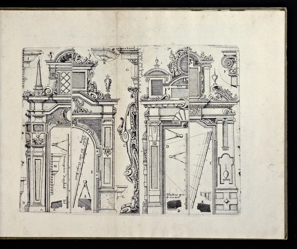 An illustration from Architectur, nach antiquitetischer Lehr vnd geometrischer Ausstheilung, allen kunstreichen Handtwerckeren, Werckmeisteren, Goldtschmieden, Bildthäweren, Schreyneren, Steinmetzeren, Mähleren [et]c. vnd fort allen denen so sich des Circkels vnd Richtscheydts gebrauchen zu Nutz vnd Gefallen ins Kupffer geschnitten vnd an Tag geben, 1659, leaf 34