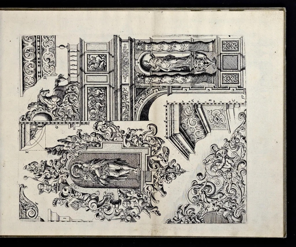 An illustration from Architectur, nach antiquitetischer Lehr vnd geometrischer Ausstheilung, allen kunstreichen Handtwerckeren, Werckmeisteren, Goldtschmieden, Bildthäweren, Schreyneren, Steinmetzeren, Mähleren [et]c. vnd fort allen denen so sich des Circkels vnd Richtscheydts gebrauchen zu Nutz vnd Gefallen ins Kupffer geschnitten vnd an Tag geben, 1659, leaf 38