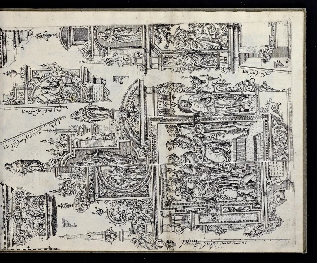 An illustration from Architectur, nach antiquitetischer Lehr vnd geometrischer Ausstheilung, allen kunstreichen Handtwerckeren, Werckmeisteren, Goldtschmieden, Bildthäweren, Schreyneren, Steinmetzeren, Mähleren [et]c. vnd fort allen denen so sich des Circkels vnd Richtscheydts gebrauchen zu Nutz vnd Gefallen ins Kupffer geschnitten vnd an Tag geben, 1659, leaf 42