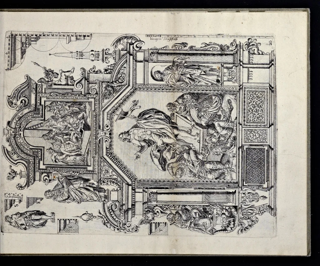 An illustration from Architectur, nach antiquitetischer Lehr vnd geometrischer Ausstheilung, allen kunstreichen Handtwerckeren, Werckmeisteren, Goldtschmieden, Bildthäweren, Schreyneren, Steinmetzeren, Mähleren [et]c. vnd fort allen denen so sich des Circkels vnd Richtscheydts gebrauchen zu Nutz vnd Gefallen ins Kupffer geschnitten vnd an Tag geben, 1659, leaf 44
