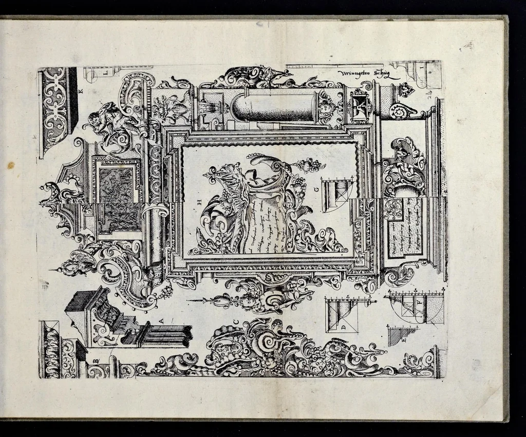 An illustration from Architectur, nach antiquitetischer Lehr vnd geometrischer Ausstheilung, allen kunstreichen Handtwerckeren, Werckmeisteren, Goldtschmieden, Bildthäweren, Schreyneren, Steinmetzeren, Mähleren [et]c. vnd fort allen denen so sich des Circkels vnd Richtscheydts gebrauchen zu Nutz vnd Gefallen ins Kupffer geschnitten vnd an Tag geben, 1659, leaf 46