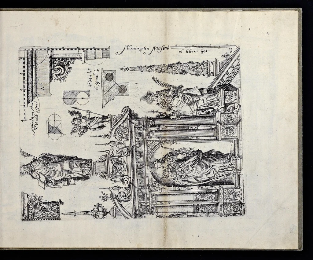An illustration from Architectur, nach antiquitetischer Lehr vnd geometrischer Ausstheilung, allen kunstreichen Handtwerckeren, Werckmeisteren, Goldtschmieden, Bildthäweren, Schreyneren, Steinmetzeren, Mähleren [et]c. vnd fort allen denen so sich des Circkels vnd Richtscheydts gebrauchen zu Nutz vnd Gefallen ins Kupffer geschnitten vnd an Tag geben, 1659, leaf 54