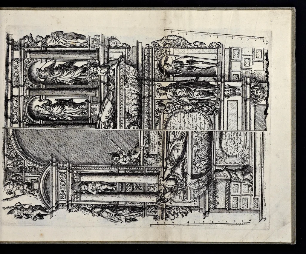 An illustration from Architectur, nach antiquitetischer Lehr vnd geometrischer Ausstheilung, allen kunstreichen Handtwerckeren, Werckmeisteren, Goldtschmieden, Bildthäweren, Schreyneren, Steinmetzeren, Mähleren [et]c. vnd fort allen denen so sich des Circkels vnd Richtscheydts gebrauchen zu Nutz vnd Gefallen ins Kupffer geschnitten vnd an Tag geben, 1659, leaf 56