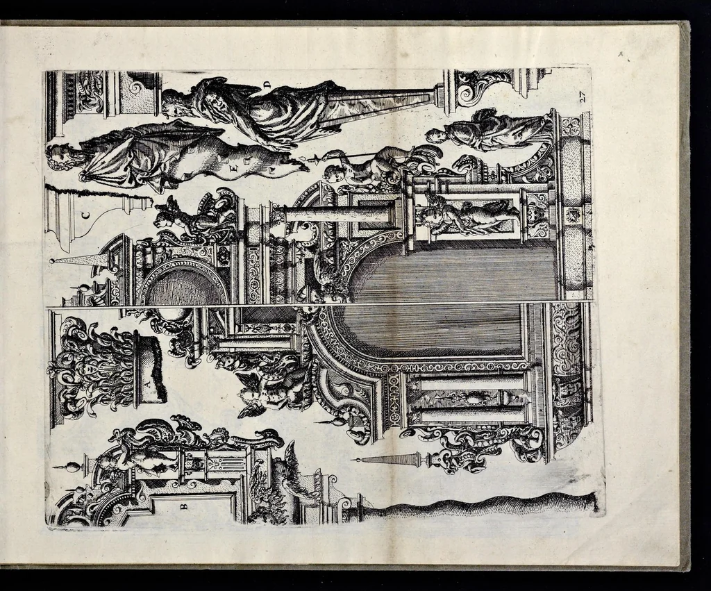 An illustration from Architectur, nach antiquitetischer Lehr vnd geometrischer Ausstheilung, allen kunstreichen Handtwerckeren, Werckmeisteren, Goldtschmieden, Bildthäweren, Schreyneren, Steinmetzeren, Mähleren [et]c. vnd fort allen denen so sich des Circkels vnd Richtscheydts gebrauchen zu Nutz vnd Gefallen ins Kupffer geschnitten vnd an Tag geben, 1659, leaf 58