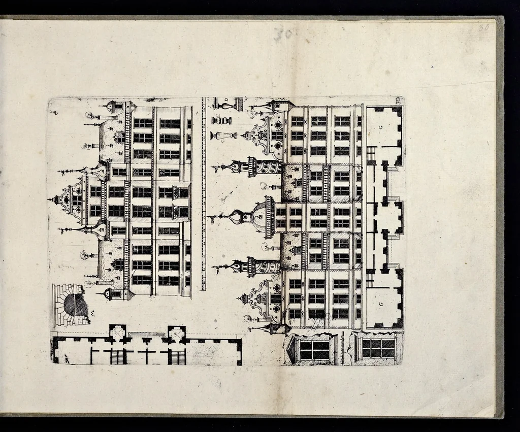 An illustration from Architectur, nach antiquitetischer Lehr vnd geometrischer Ausstheilung, allen kunstreichen Handtwerckeren, Werckmeisteren, Goldtschmieden, Bildthäweren, Schreyneren, Steinmetzeren, Mähleren [et]c. vnd fort allen denen so sich des Circkels vnd Richtscheydts gebrauchen zu Nutz vnd Gefallen ins Kupffer geschnitten vnd an Tag geben, 1659, leaf 64
