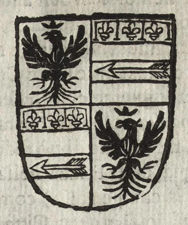 An illustration from Cronologia delle famiglie nobili di Bologna, con le loro insegne, e nel fine i cimieri : centuria prima, con vn breue discorso della medesima città, 1670, leaf 220