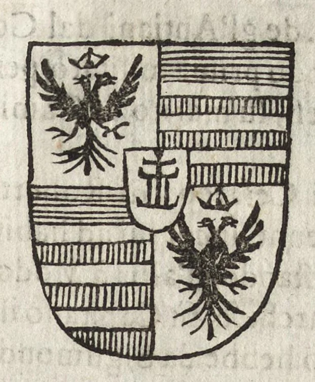 An illustration from Cronologia delle famiglie nobili di Bologna, con le loro insegne, e nel fine i cimieri : centuria prima, con vn breue discorso della medesima città, 1670, leaf 228
