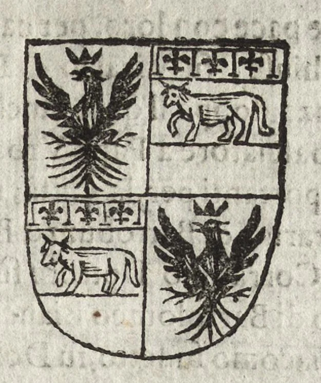 An illustration from Cronologia delle famiglie nobili di Bologna, con le loro insegne, e nel fine i cimieri : centuria prima, con vn breue discorso della medesima città, 1670, leaf 242