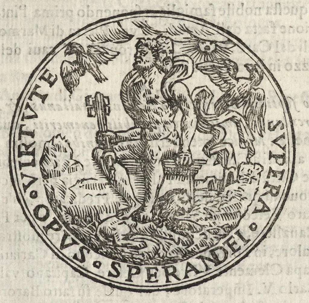 An illustration from Cronologia delle famiglie nobili di Bologna, con le loro insegne, e nel fine i cimieri : centuria prima, con vn breue discorso della medesima città, 1670, leaf 306