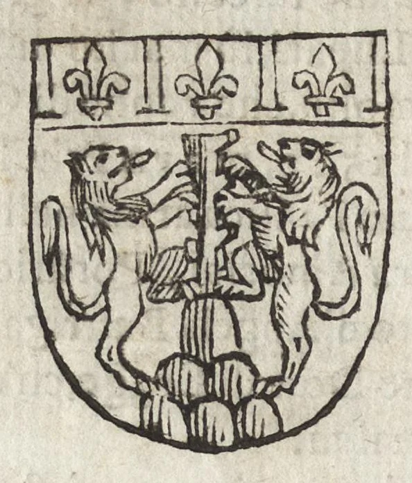 An illustration from Cronologia delle famiglie nobili di Bologna, con le loro insegne, e nel fine i cimieri : centuria prima, con vn breue discorso della medesima città, 1670, leaf 355