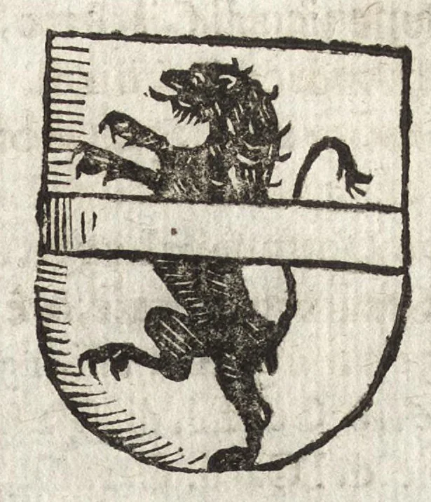 An illustration from Cronologia delle famiglie nobili di Bologna, con le loro insegne, e nel fine i cimieri : centuria prima, con vn breue discorso della medesima città, 1670, leaf 448