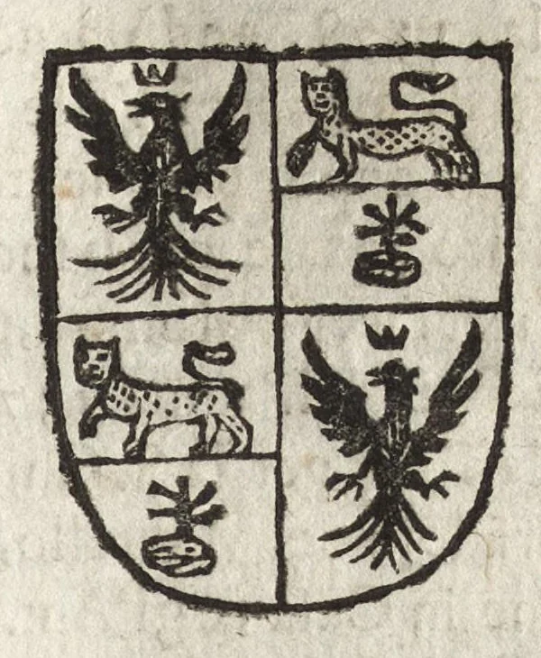 An illustration from Cronologia delle famiglie nobili di Bologna, con le loro insegne, e nel fine i cimieri : centuria prima, con vn breue discorso della medesima città, 1670, leaf 472