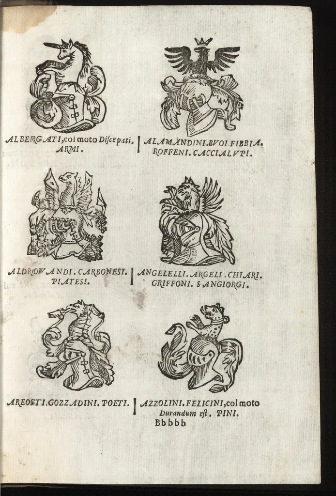 An illustration from Cronologia delle famiglie nobili di Bologna, con le loro insegne, e nel fine i cimieri : centuria prima, con vn breue discorso della medesima città, 1670, leaf 768