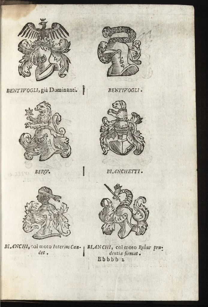An illustration from Cronologia delle famiglie nobili di Bologna, con le loro insegne, e nel fine i cimieri : centuria prima, con vn breue discorso della medesima città, 1670, leaf 770