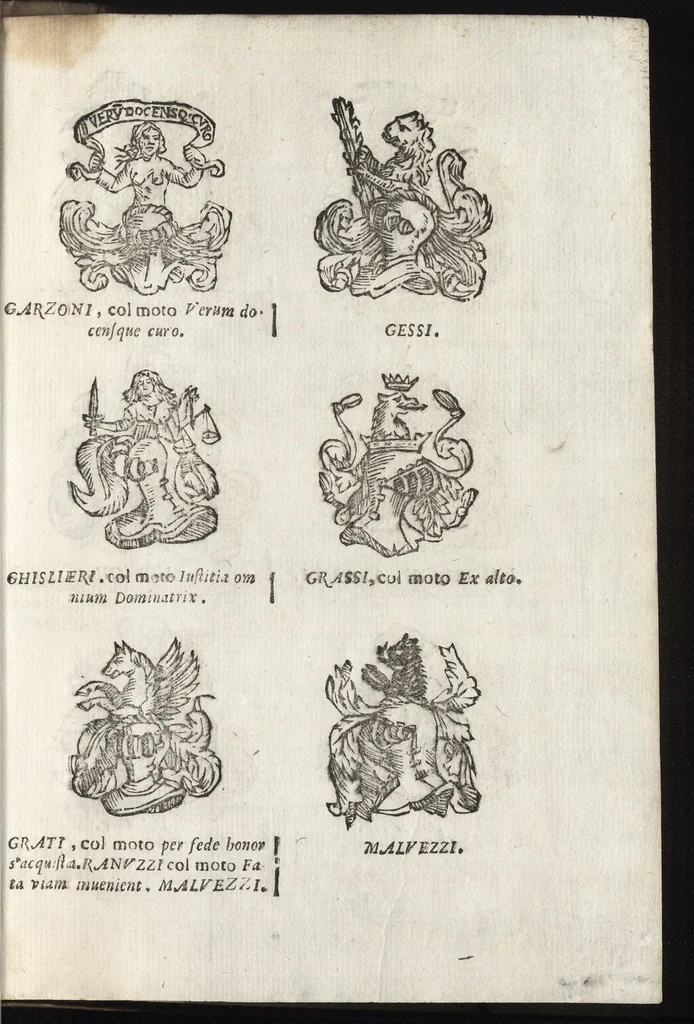 An illustration from Cronologia delle famiglie nobili di Bologna, con le loro insegne, e nel fine i cimieri : centuria prima, con vn breue discorso della medesima città, 1670, leaf 774
