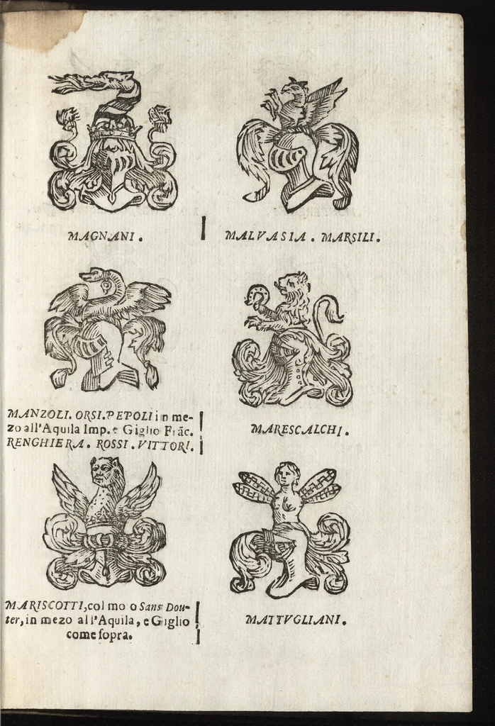 An illustration from Cronologia delle famiglie nobili di Bologna, con le loro insegne, e nel fine i cimieri : centuria prima, con vn breue discorso della medesima città, 1670, leaf 776