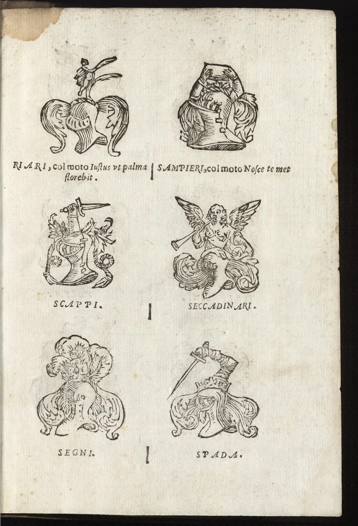 An illustration from Cronologia delle famiglie nobili di Bologna, con le loro insegne, e nel fine i cimieri : centuria prima, con vn breue discorso della medesima città, 1670, leaf 778