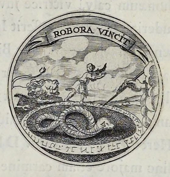 An illustration from Aurea virtutum catena matrimonialis : per illustribus ac generosissimis sponsis dn. Cornificio Trolle et virgini generosissimae Birgittae Ranzou caelitus oblata sed in theatrum nuptiale demum devote prolata à J.H. Vhlich 12. [Septem]bris a.o 1660, 1660, leaf 18