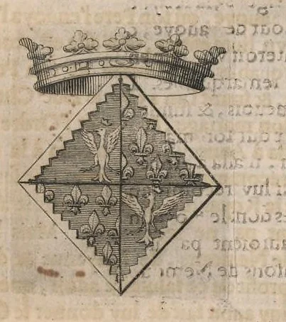 An illustration from Histoire genealogique de la royale maison de Sauoye : iustifiée par titres, fondations de monasteres, manuscripts, anciens monuments, histoires & autres preuues autentiques : enrichie de plusieurs portraits, seaux, monnoyes, sepultures & armoiries, 1660, leaf 1106
