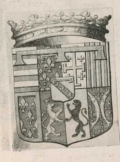 An illustration from Histoire genealogique de la royale maison de Sauoye : iustifiée par titres, fondations de monasteres, manuscripts, anciens monuments, histoires & autres preuues autentiques : enrichie de plusieurs portraits, seaux, monnoyes, sepultures & armoiries, 1660, leaf 1154