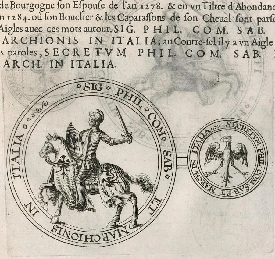 An illustration from Histoire genealogique de la royale maison de Sauoye : iustifiée par titres, fondations de monasteres, manuscripts, anciens monuments, histoires & autres preuues autentiques : enrichie de plusieurs portraits, seaux, monnoyes, sepultures & armoiries, 1660, leaf 164