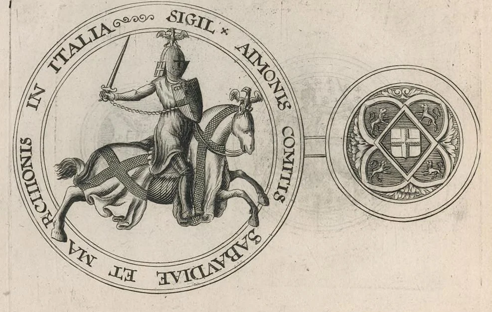An illustration from Histoire genealogique de la royale maison de Sauoye : iustifiée par titres, fondations de monasteres, manuscripts, anciens monuments, histoires & autres preuues autentiques : enrichie de plusieurs portraits, seaux, monnoyes, sepultures & armoiries, 1660, leaf 171
