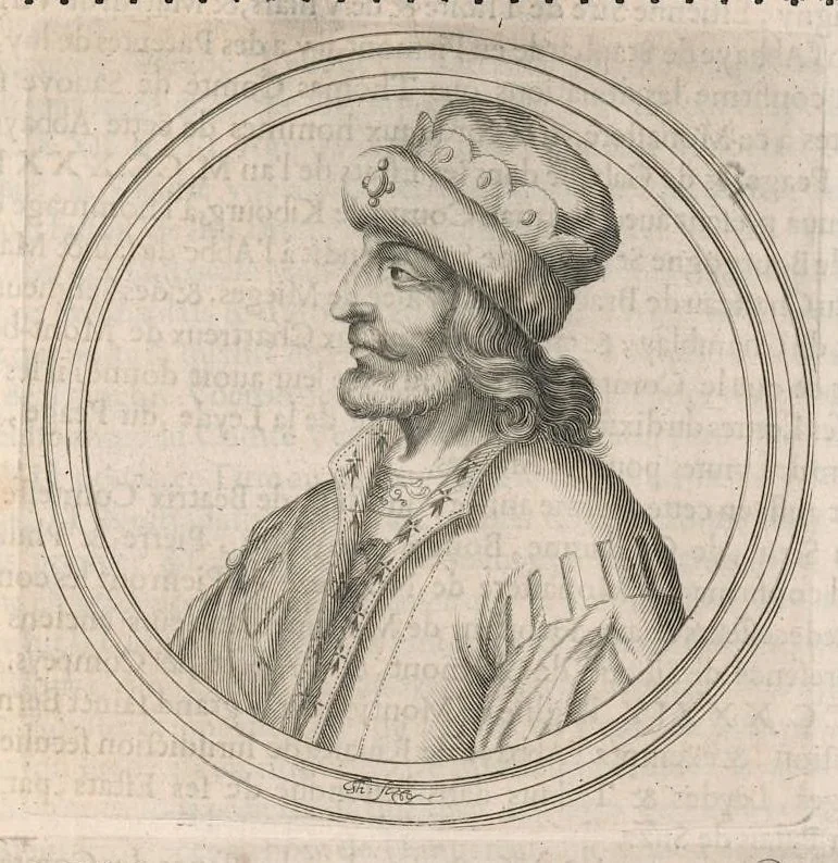 An illustration from Histoire genealogique de la royale maison de Sauoye : iustifiée par titres, fondations de monasteres, manuscripts, anciens monuments, histoires & autres preuues autentiques : enrichie de plusieurs portraits, seaux, monnoyes, sepultures & armoiries, 1660, leaf 308