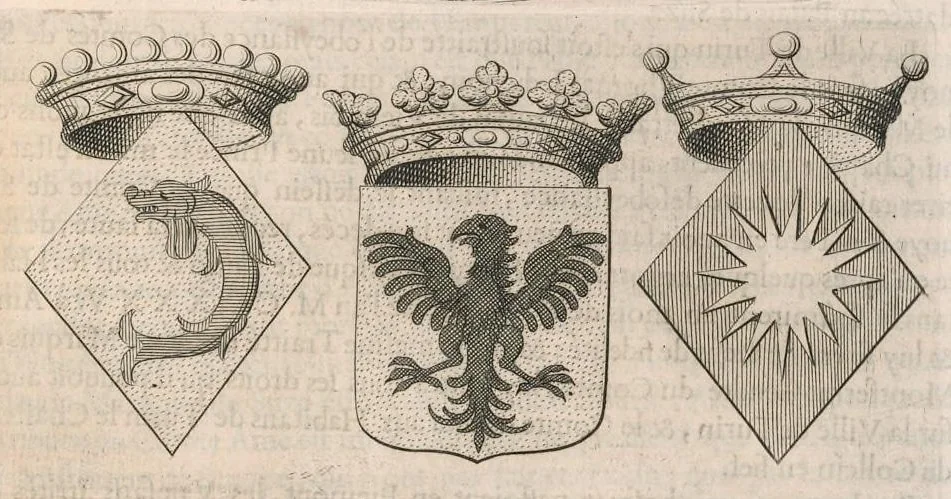 An illustration from Histoire genealogique de la royale maison de Sauoye : iustifiée par titres, fondations de monasteres, manuscripts, anciens monuments, histoires & autres preuues autentiques : enrichie de plusieurs portraits, seaux, monnoyes, sepultures & armoiries, 1660, leaf 308