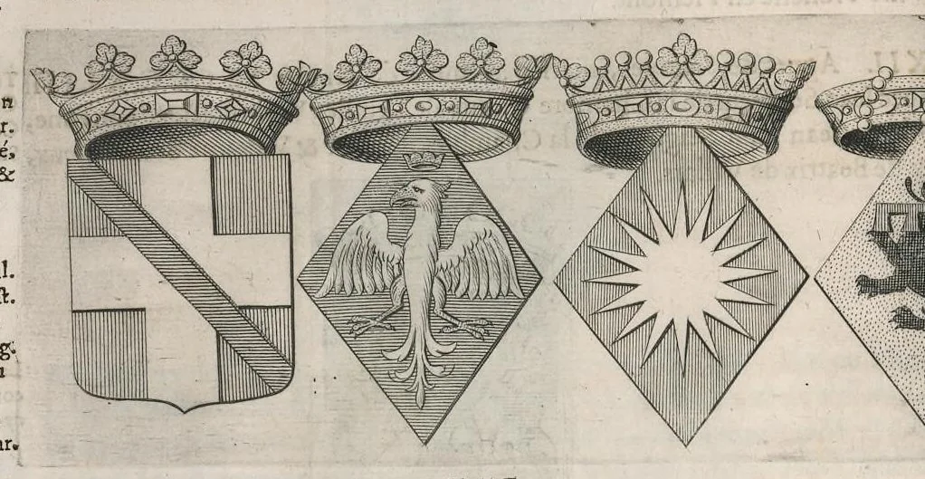 An illustration from Histoire genealogique de la royale maison de Sauoye : iustifiée par titres, fondations de monasteres, manuscripts, anciens monuments, histoires & autres preuues autentiques : enrichie de plusieurs portraits, seaux, monnoyes, sepultures & armoiries, 1660, leaf 369