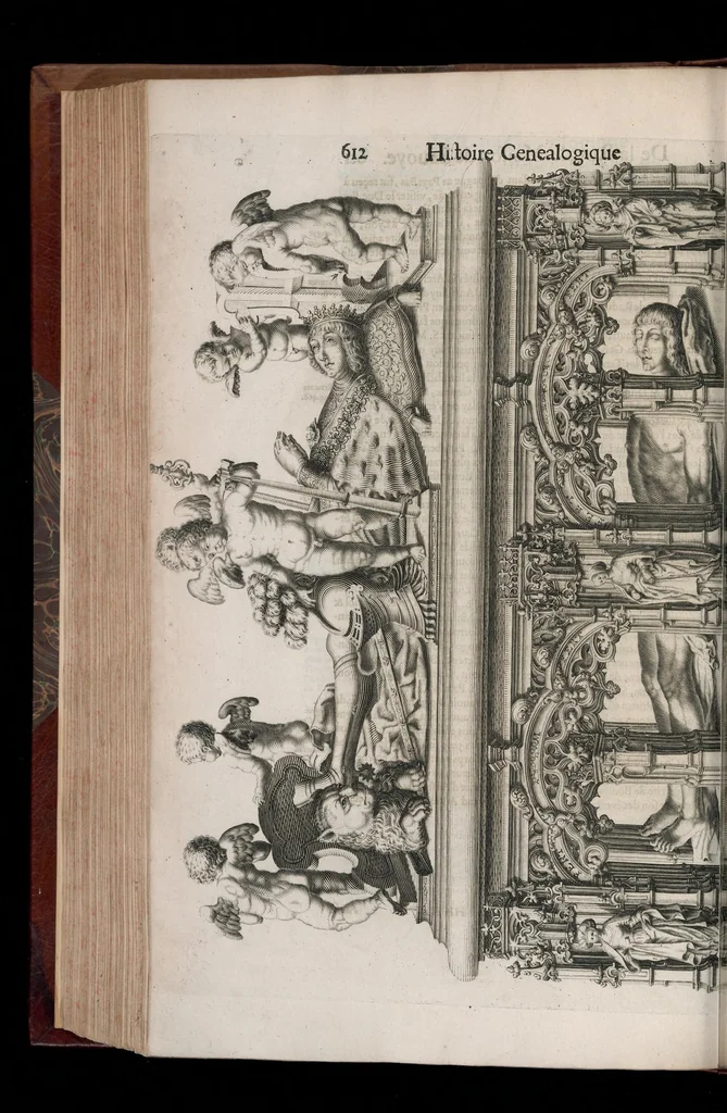 An illustration from Histoire genealogique de la royale maison de Sauoye : iustifiée par titres, fondations de monasteres, manuscripts, anciens monuments, histoires & autres preuues autentiques : enrichie de plusieurs portraits, seaux, monnoyes, sepultures & armoiries, 1660, leaf 653