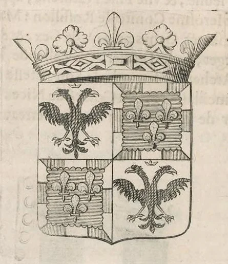An illustration from Histoire genealogique de la royale maison de Sauoye : iustifiée par titres, fondations de monasteres, manuscripts, anciens monuments, histoires & autres preuues autentiques : enrichie de plusieurs portraits, seaux, monnoyes, sepultures & armoiries, 1660, leaf 743