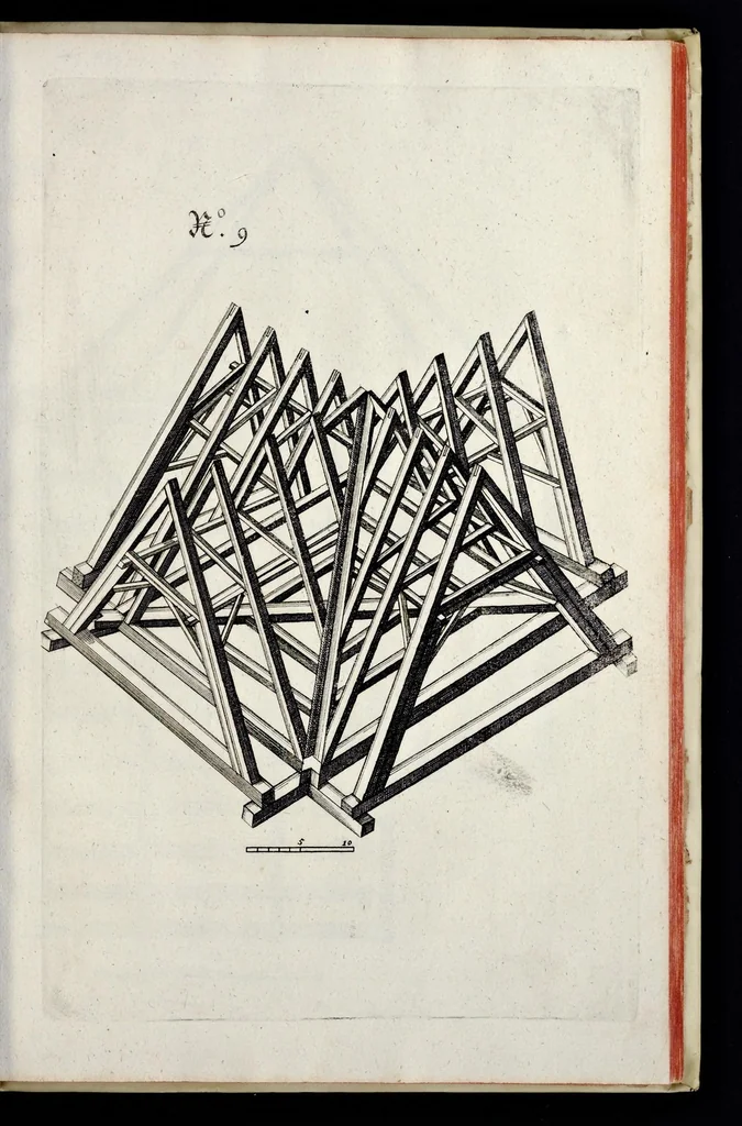 An illustration from Architectura civilis, oder, Beschreibung und Vorreissung vieler vornehmer Dachwerck, als hoher Helmen, Creutzdächer, Wiederkehrungen, welscher Hauben, auch Kelter, Fallbrücken : item allerley Pressen, Schnecken oder Windelstiegen und andern dergleichen mechanischen Fabrichen : alles mit höchsten Fleiss zusammen getragen, und der lieben Jugend, sonderlich aber allen Kunstliebhabern der Architectur zu Nutz und Dienst an Tag gegeben, 1675, leaf 102