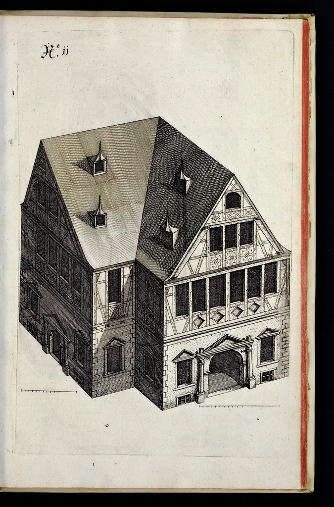 An illustration from Architectura civilis, oder, Beschreibung und Vorreissung vieler vornehmer Dachwerck, als hoher Helmen, Creutzdächer, Wiederkehrungen, welscher Hauben, auch Kelter, Fallbrücken : item allerley Pressen, Schnecken oder Windelstiegen und andern dergleichen mechanischen Fabrichen : alles mit höchsten Fleiss zusammen getragen, und der lieben Jugend, sonderlich aber allen Kunstliebhabern der Architectur zu Nutz und Dienst an Tag gegeben, 1675, leaf 106