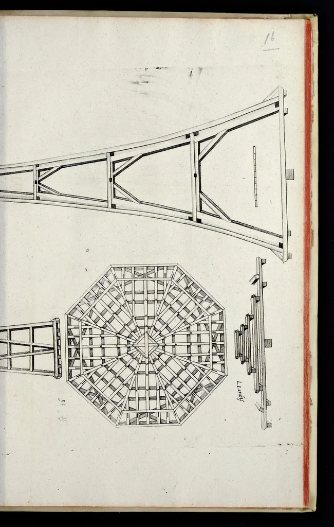 An illustration from Architectura civilis, oder, Beschreibung und Vorreissung vieler vornehmer Dachwerck, als hoher Helmen, Creutzdächer, Wiederkehrungen, welscher Hauben, auch Kelter, Fallbrücken : item allerley Pressen, Schnecken oder Windelstiegen und andern dergleichen mechanischen Fabrichen : alles mit höchsten Fleiss zusammen getragen, und der lieben Jugend, sonderlich aber allen Kunstliebhabern der Architectur zu Nutz und Dienst an Tag gegeben, 1675, leaf 120