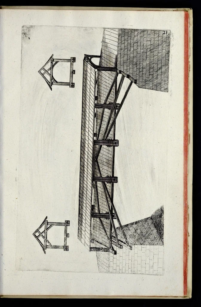 An illustration from Architectura civilis, oder, Beschreibung und Vorreissung vieler vornehmer Dachwerck, als hoher Helmen, Creutzdächer, Wiederkehrungen, welscher Hauben, auch Kelter, Fallbrücken : item allerley Pressen, Schnecken oder Windelstiegen und andern dergleichen mechanischen Fabrichen : alles mit höchsten Fleiss zusammen getragen, und der lieben Jugend, sonderlich aber allen Kunstliebhabern der Architectur zu Nutz und Dienst an Tag gegeben, 1675, leaf 128